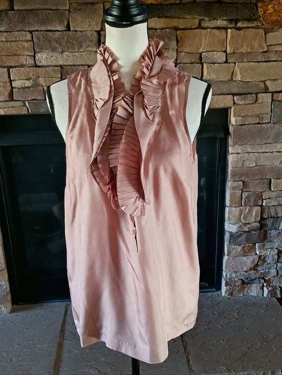 J. Crew Tops - J. Crew 100% Silk Beige Tan Pink Mauve Ruffled Button Sleeveless Top Size 6